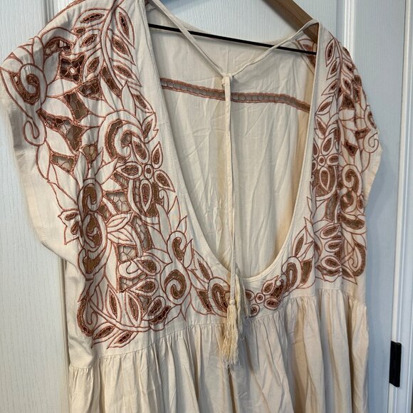 Free People | Ayu XS Boho Hippie Nude Short Sleeve Oversized Tunic Dress Open - Picture 11 of 15
